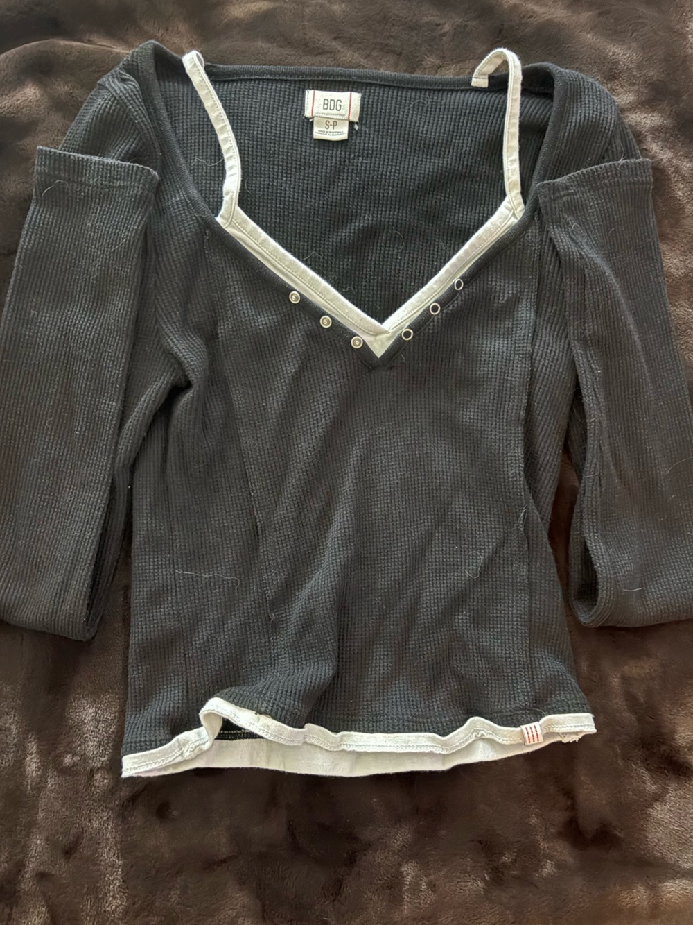 BDG Black Waffle Henley with White Trim